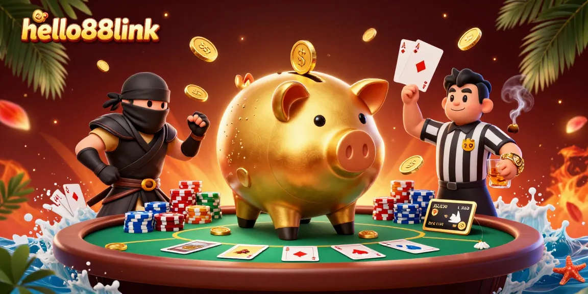 Engage with the excitement of hello88link as a sumo wrestler piggy bank unleashes golden coins in a vibrant casino scene.