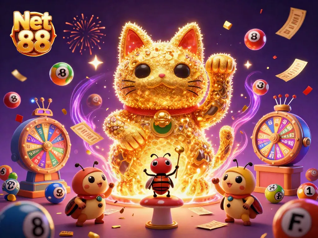 Experience the excitement of Net 88 with a vibrant 3D illustration of a lucky cat and dynamic casino elements.