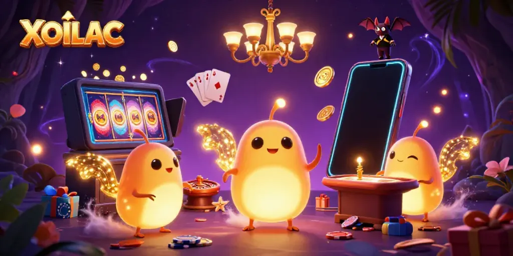 Watch XOILAC glowworms illuminate a vibrant cave casino scene filled with interactive slot games and poker elements.