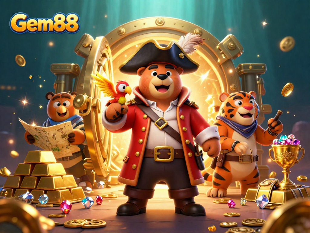 Join the excitement of Gem88 at a vibrant casino adventure with dynamic characters and treasures!