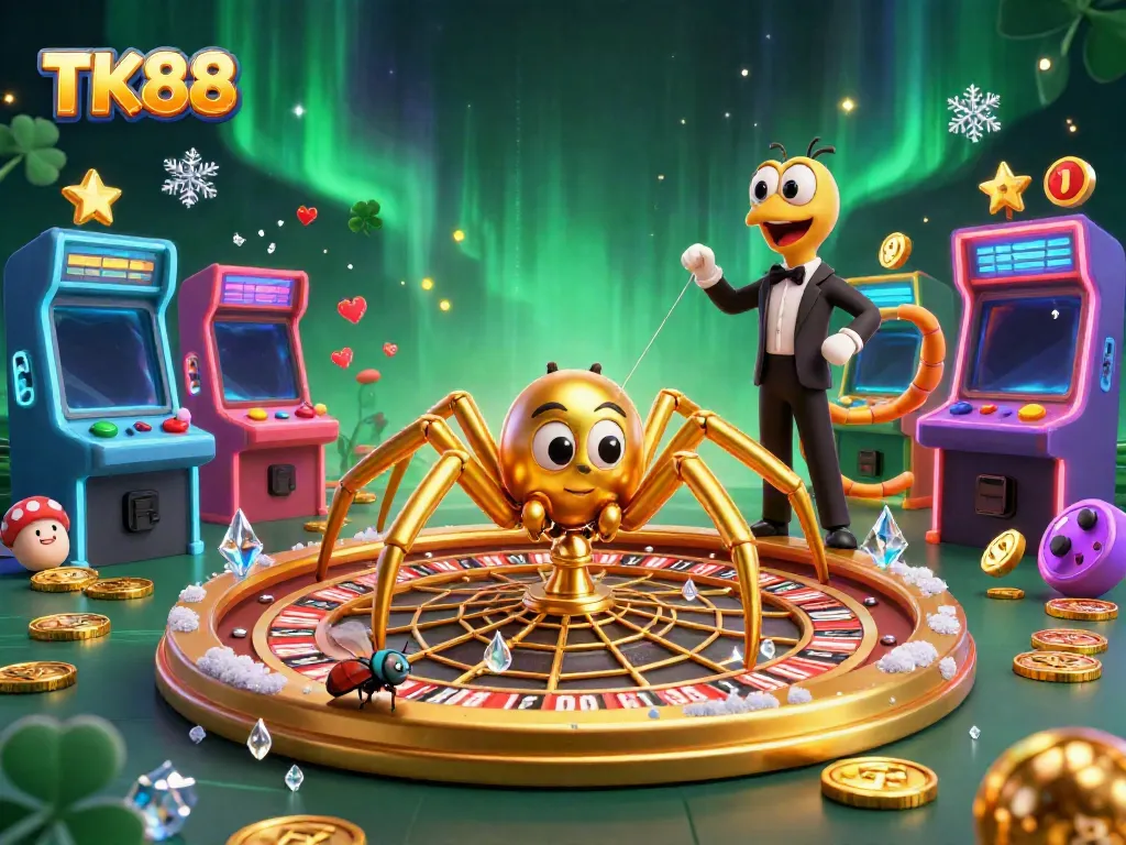 Bet on the TK88 roulette wheel with a golden spider and centipede croupier in a vibrant casino.