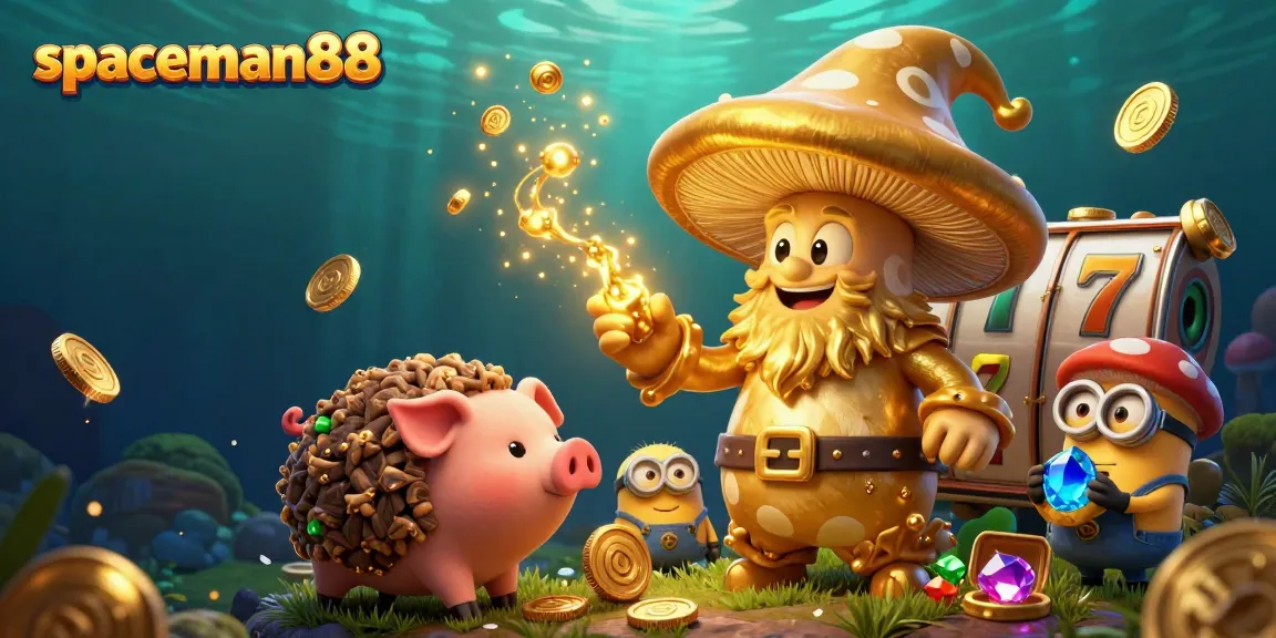 Experience the thrilling magic of spaceman88 with golden mushroom wizard characters enjoying exciting slot adventures.