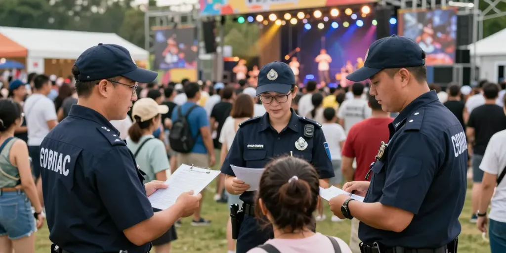 Event Security professionals ensuring safety at a busy local festival, providing community service.