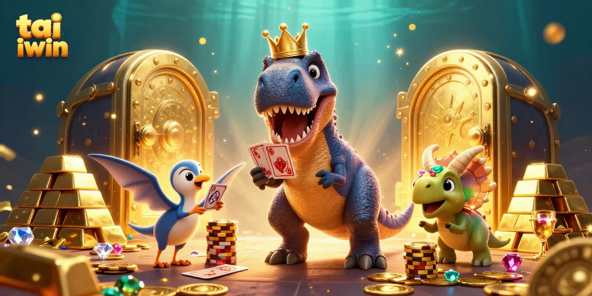 Engage with tai iwin as a T-Rex shuffles cards while a pterodactyl assists and a triceratops stacks chips.