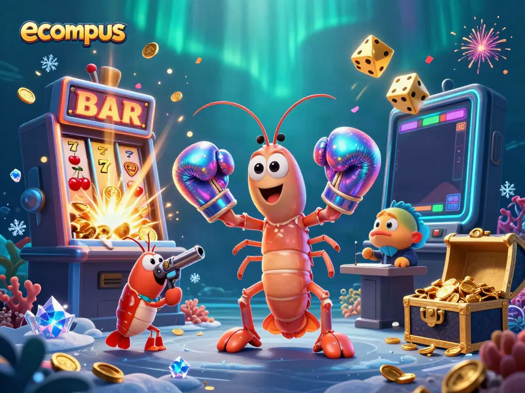 Experience exciting gaming with ecompus in this vibrant 3D casino scene featuring dynamic character action.