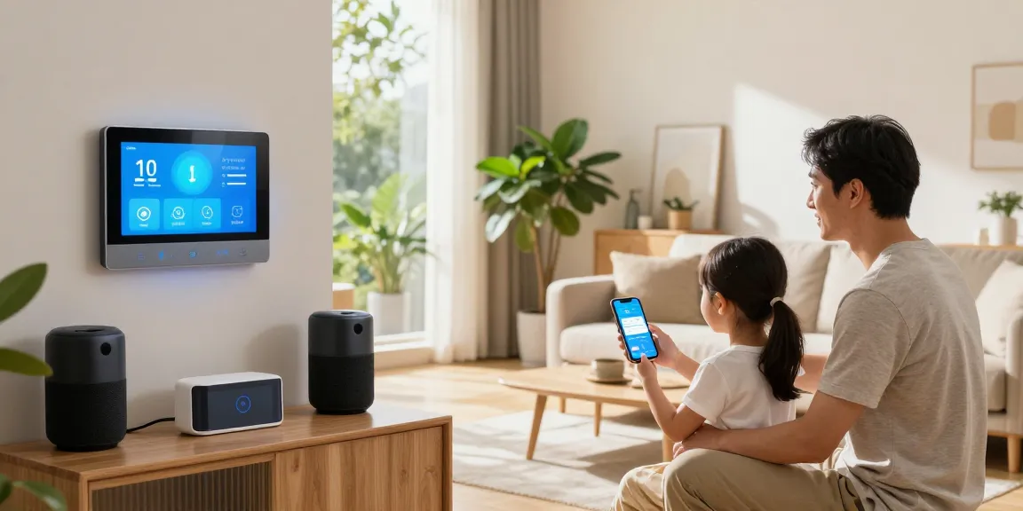 Engaging family using smart home gadgets in a modern living room, showcasing technology and comfort.