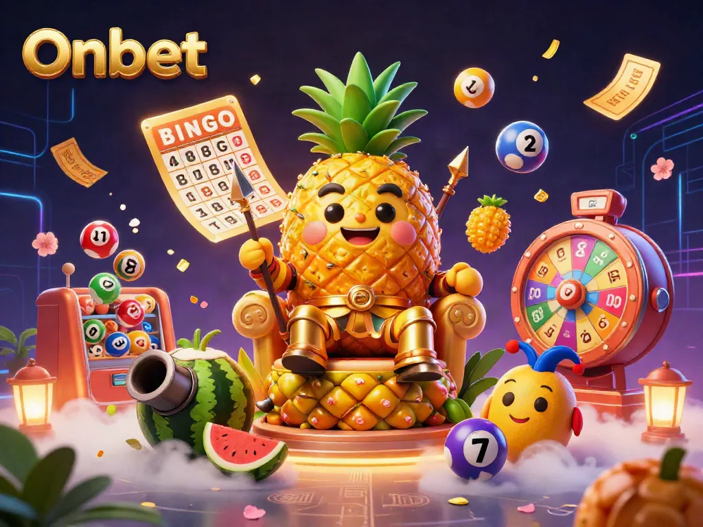 Onbet casino scene showcasing a golden pineapple king with lotto elements and vibrant beach theme.