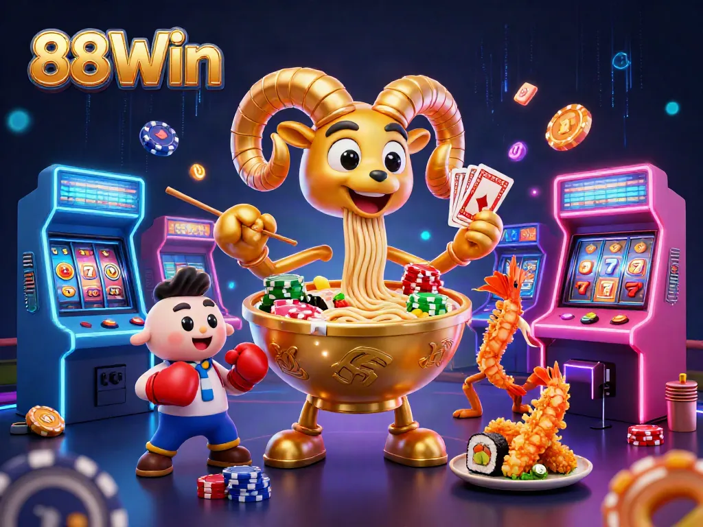 Engage with the vibrant world of 88Win as colorful characters celebrate casino games with dynamic energy.