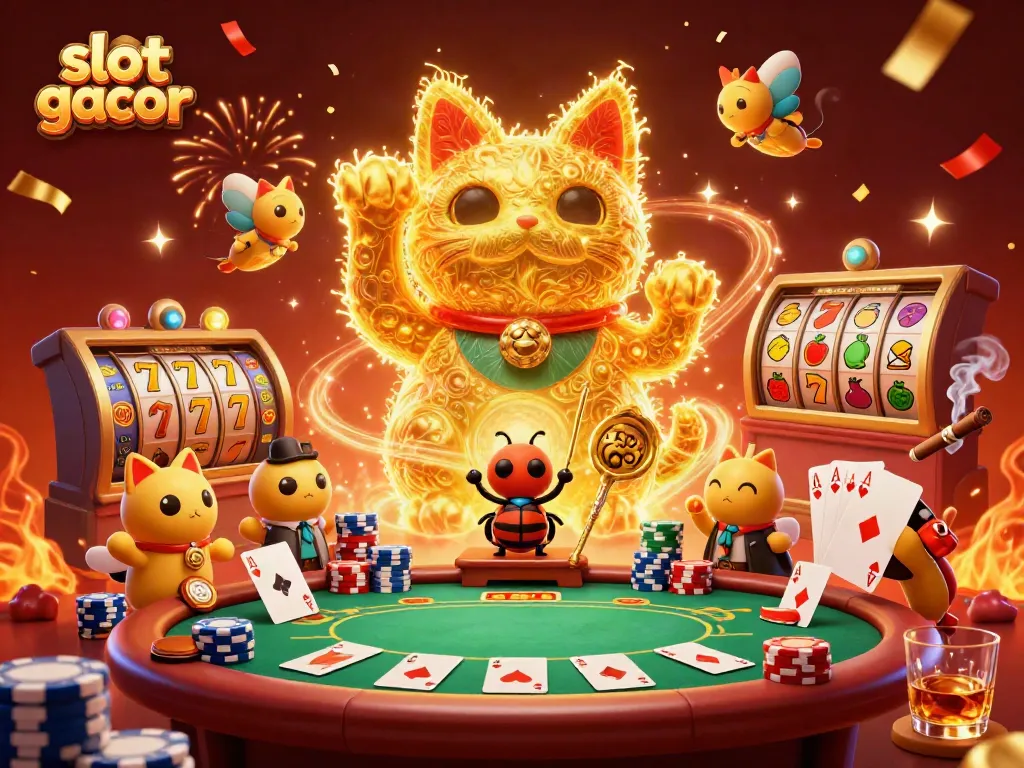 Experience the excitement of slot gacor with this vibrant 3D illustration featuring a lucky cat and casino symbols.