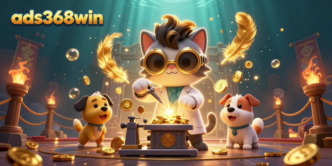ads368win showcases a lively 3D scene with a mad scientist cat and dog amidst casino-themed elements.