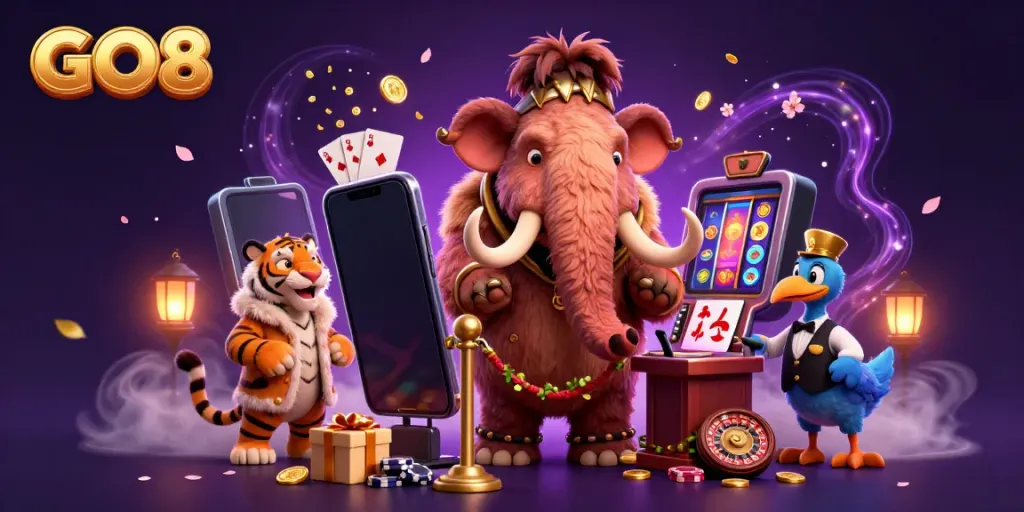 Experience thrilling gameplay at GO8 casino with a vibrant cartoon illustration of a mammoth bouncer, saber-tooth VIP, and dodo doorman.