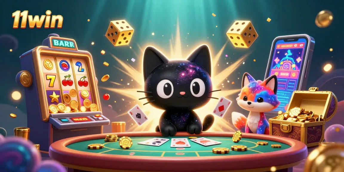 Win big at 11win with vibrant gambling-themed cosmic characters at a casino table.
