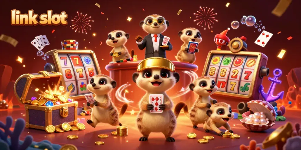 Experience link slot gameplay with lively meerkats running a casino amid gold coins and glowing gems.