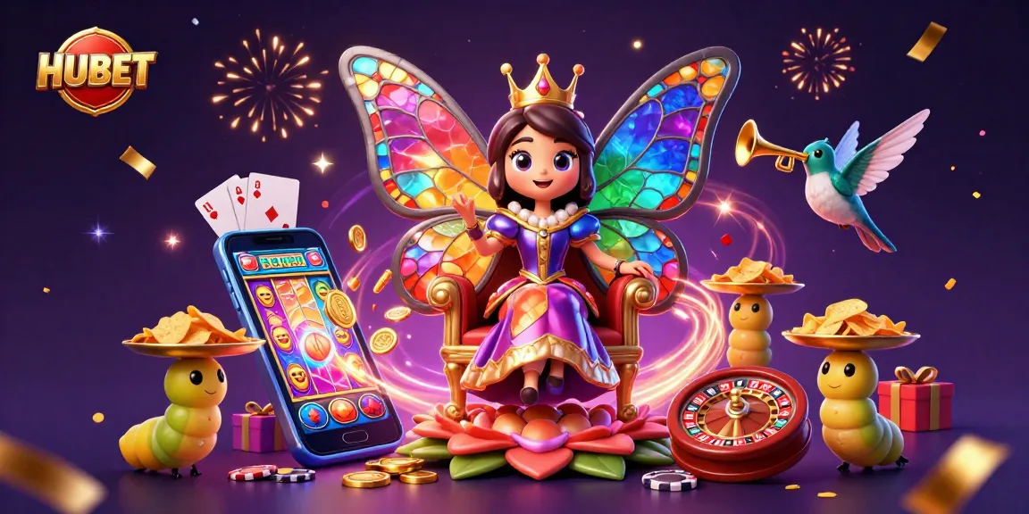 HUBET offers an animated scene showcasing vibrant 3D characters celebrating casino excitement with slots and cards.