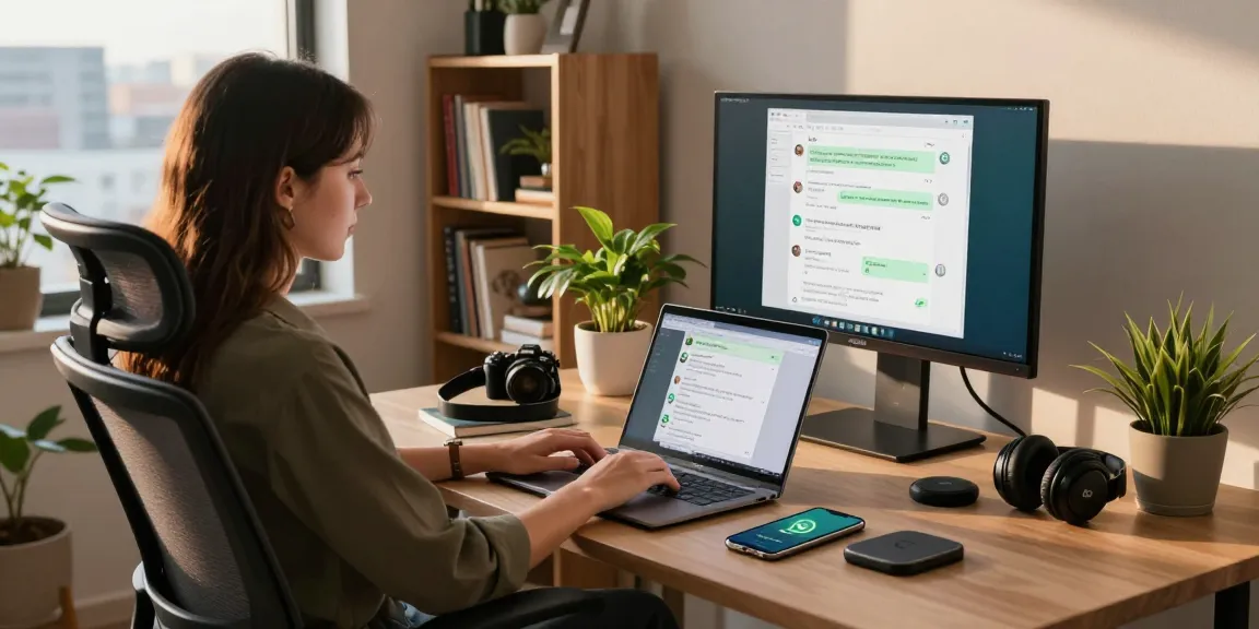 Using WhatsApp電腦版 on a laptop in a modern home office setting.