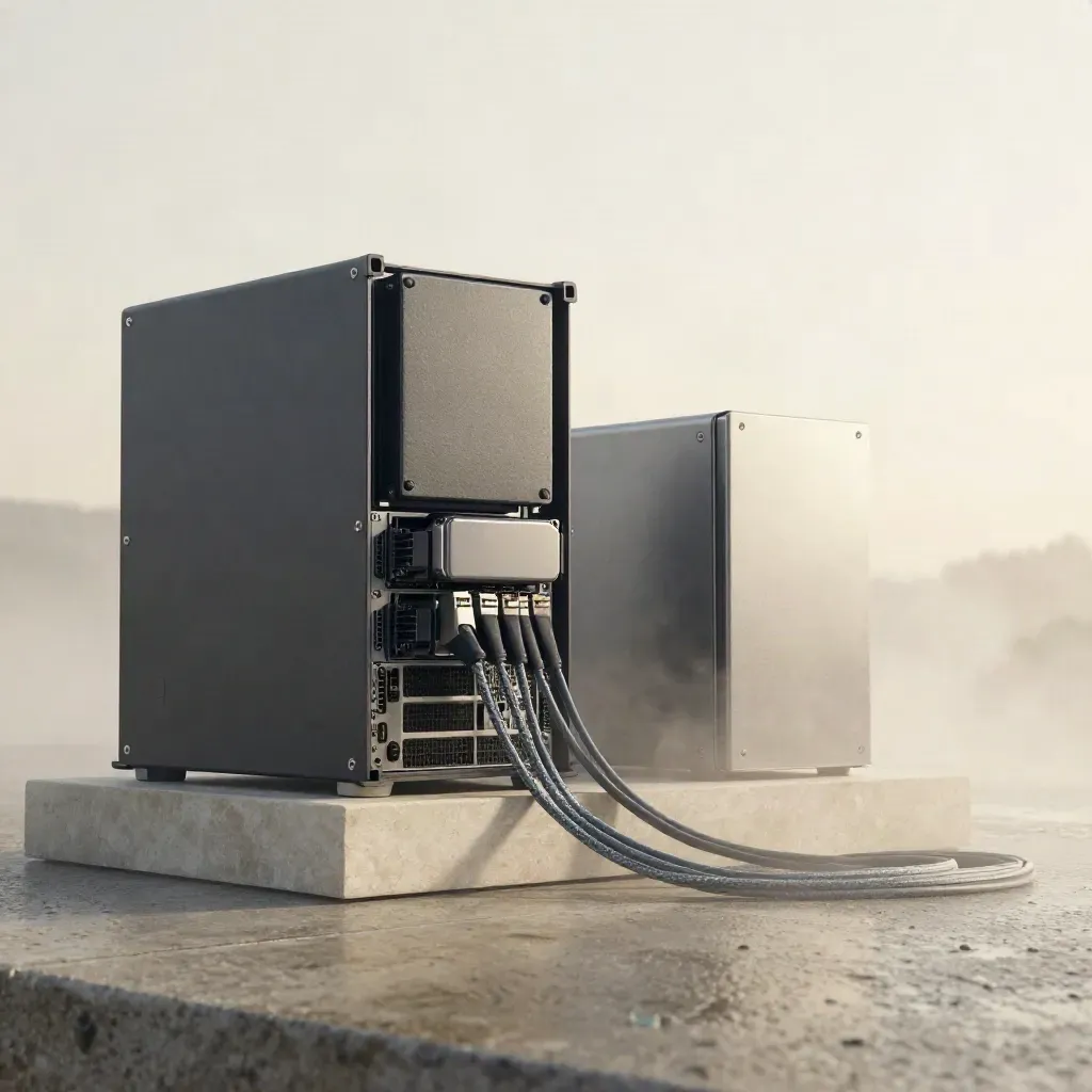 Graphite server blade, backup drives, patch leads and firewall on stone with dawn mist.