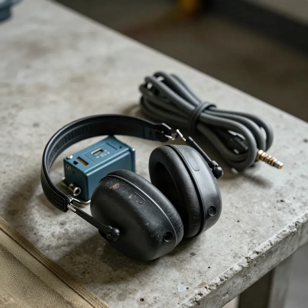 Ear defender, relay block and coiled cable on a concrete bench in moody light.