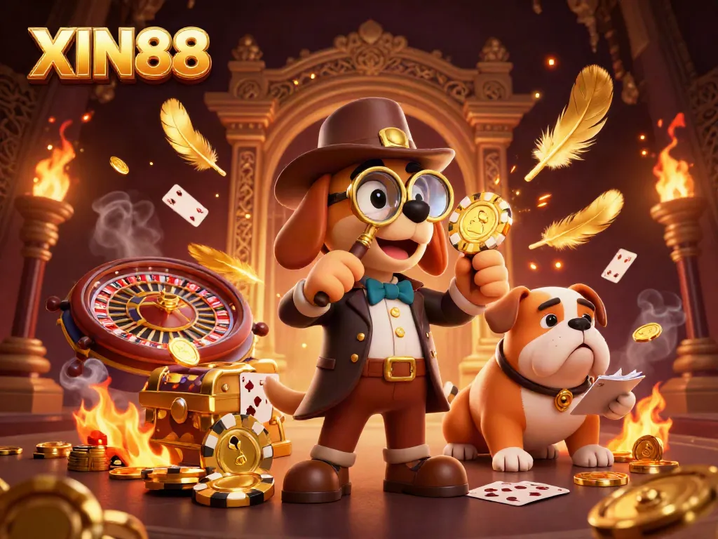 Examine the XIN88 golden poker chip clue with a cartoon detective in a live casino setting.