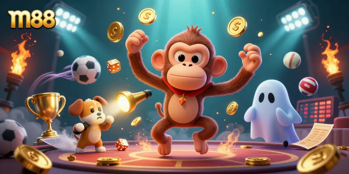 Experience m88's thrilling casino adventures with a playful ghost-hunter puppy tracking a mischievous monkey amidst golden rewards.