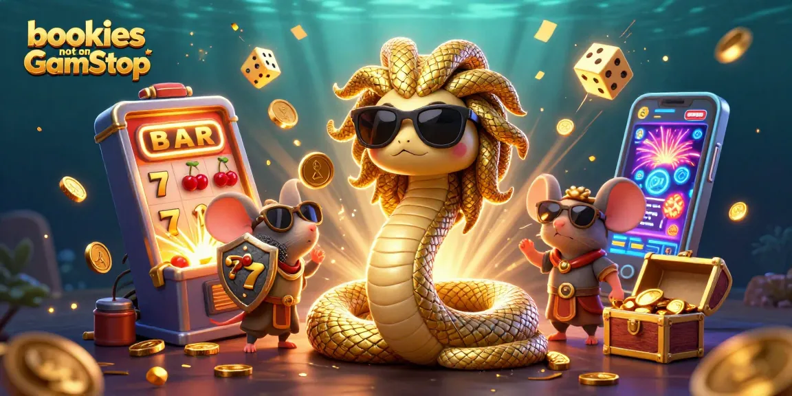 Experience thrilling gameplay with bookies not on GamStop featuring slot machines, golden coins, and friendly characters.