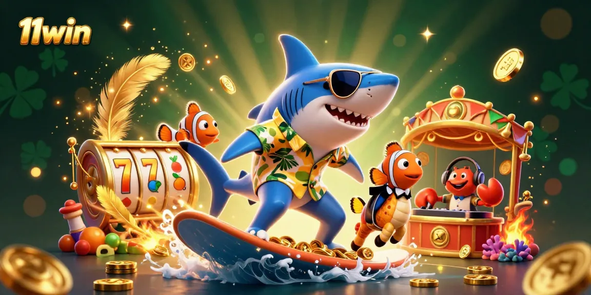 Engage with 11win by winning big alongside a surfing shark, lucky symbols, and vibrant casino atmosphere.
