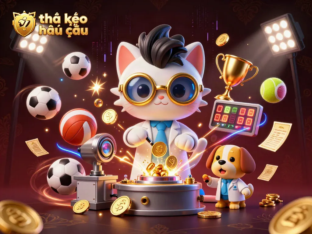 Engage with tỷ lệ kèo nhà cái in a vibrant 3D scene showcasing a mad scientist cat and lab assistant amidst dynamic sports betting elements.