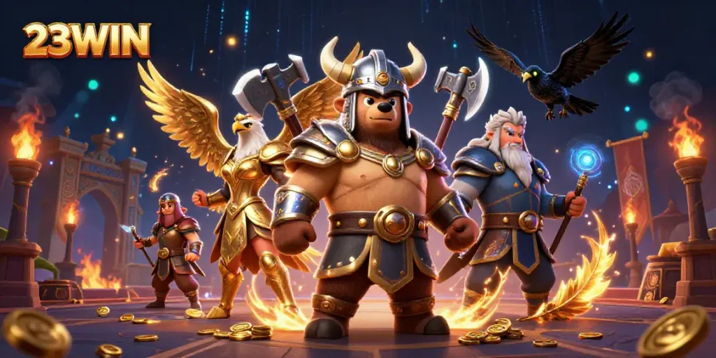 Engage with thrilling action at 23WIN with a Viking bear and golden Valkyrie in a dynamic casino scene.