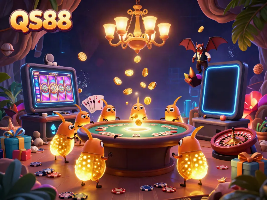 Experience the thrilling casino atmosphere at QS88 with glowworms lighting up the scene and vibrant gaming elements.
