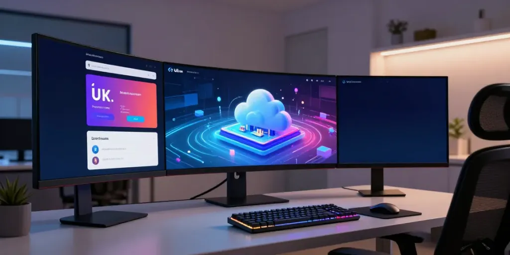 .uk domain search interface in a modern developer workspace showcasing cloud technology and digital platform integration.