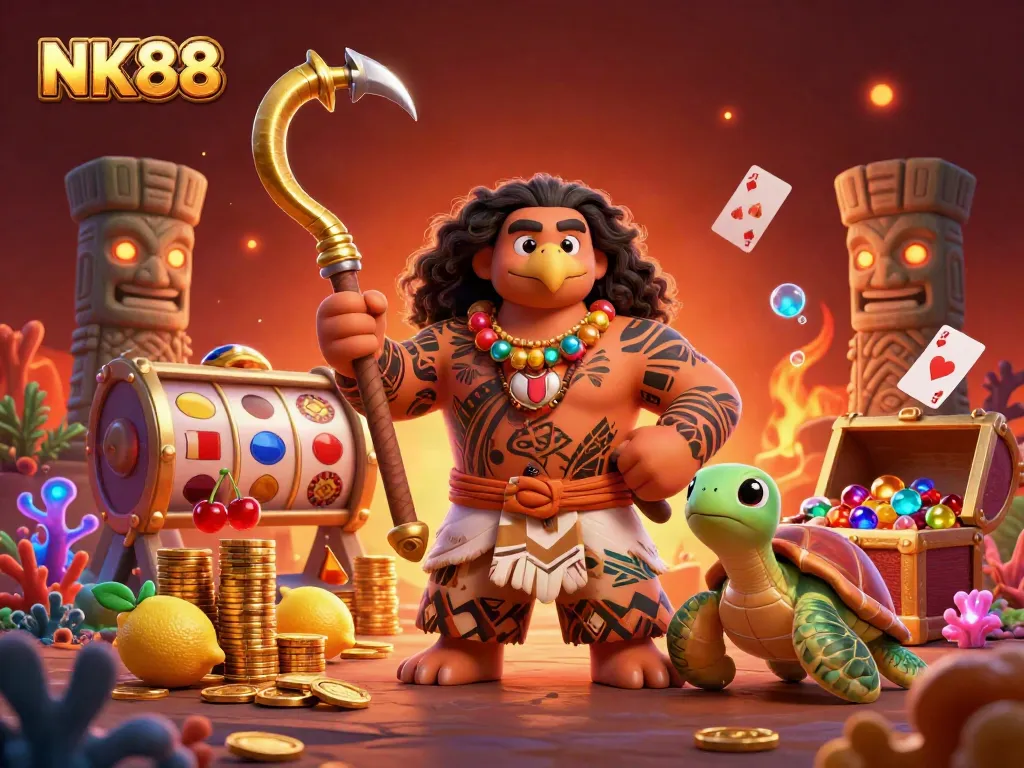 Engage with NK88 and try your luck at slots with a thrilling Polynesian-themed 3D illustration.