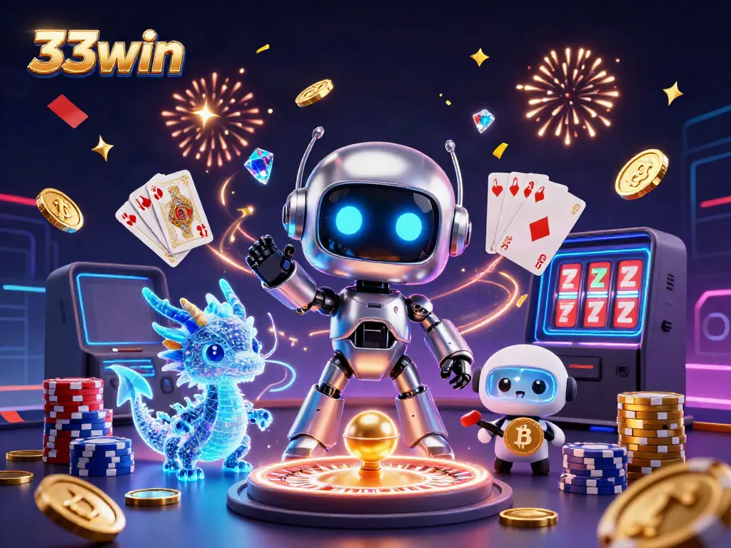 Engage in thrilling gaming experiences with 33win's vibrant 3D casino illustration featuring exciting elements.