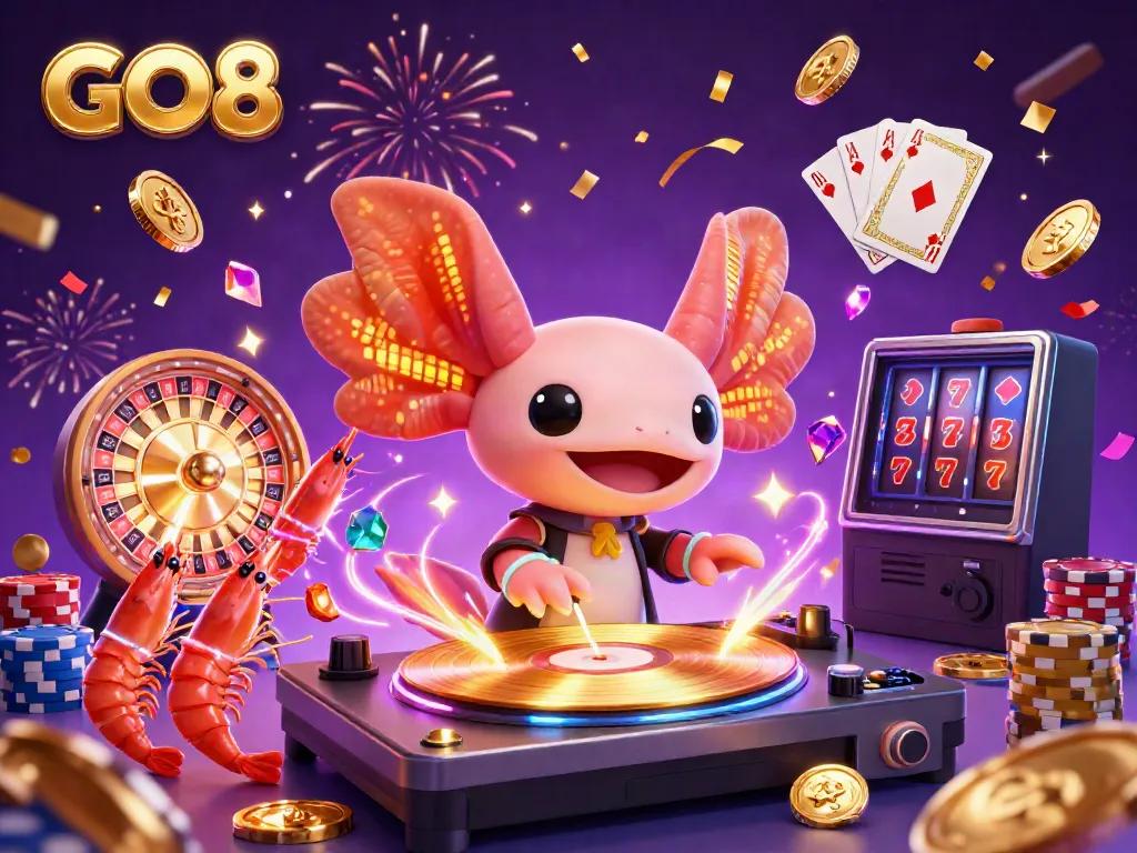 Experience GO8's casino vibes with vibrant cartoon characters, coins, and cards in a magical underwater scene.