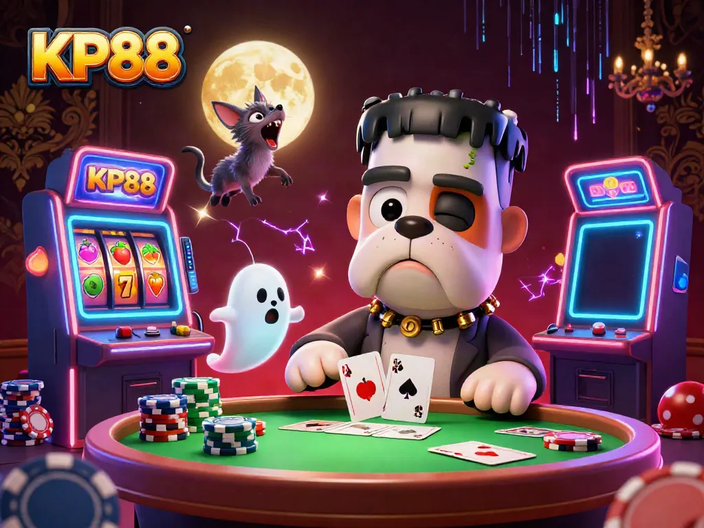 Join the fun at KP88, where a Frankenstein bulldog deals cards amid vibrant slot machines and bold casino elements.