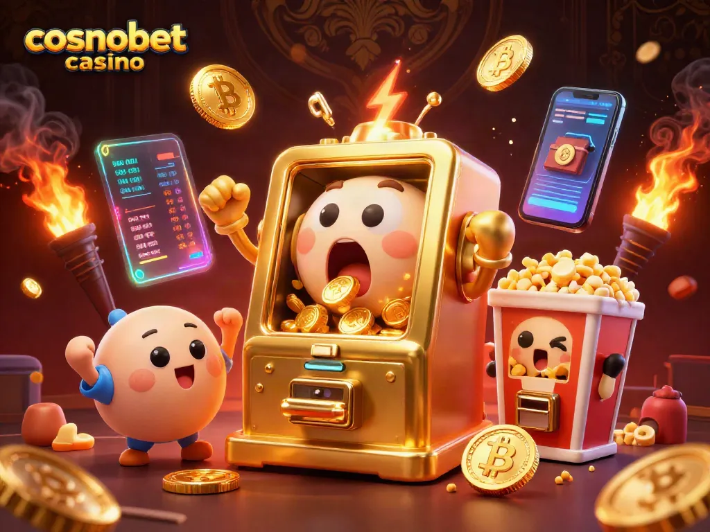 Engage with cosmobet casino as a golden slot machine hits jackpot surrounded by vibrant crypto elements.