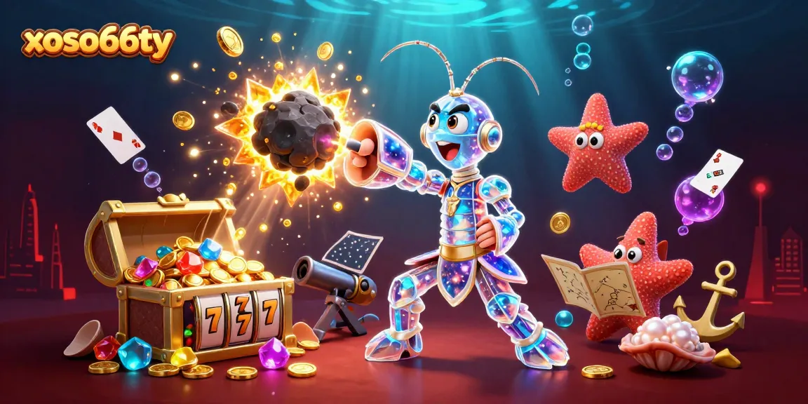 Experience thrilling gameplay at xoso66ty with a vibrant 3D illustration of a mantis shrimp and starfish navigating a treasure-filled underwater world.
