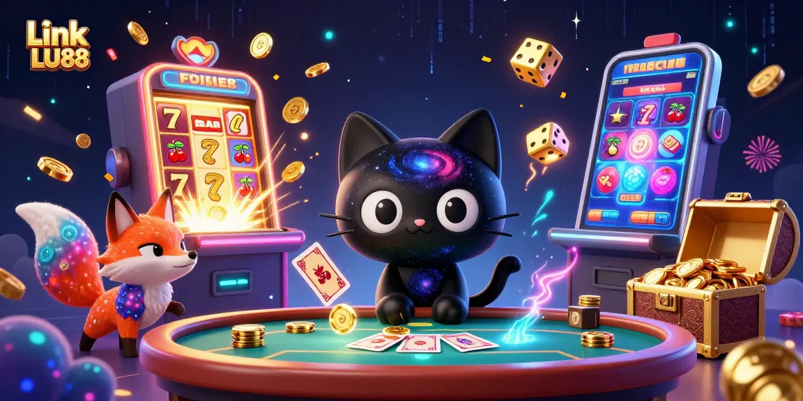 Engage with the exciting world of Link LU88, featuring a whimsical cat at a cosmic casino table pulling in golden chips and cards.