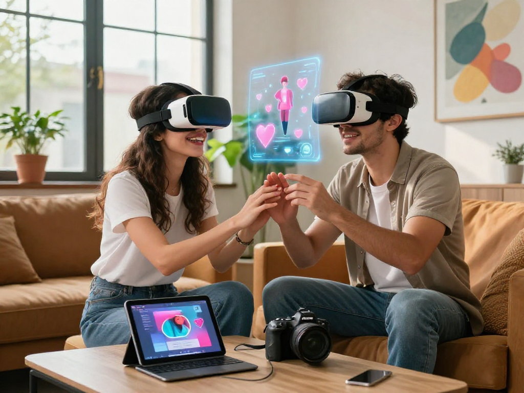 Couple exploring AI sex technology through virtual reality in a modern urban setting.