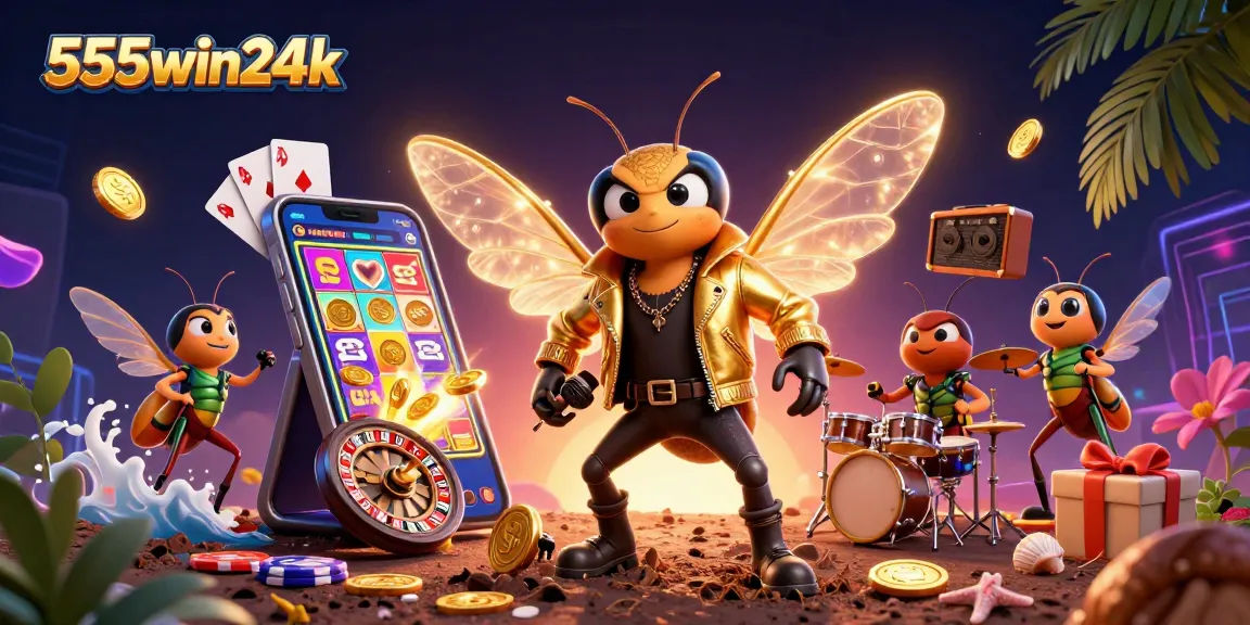 Experience the vibrant world of 555win24k, where a rock star cicada and gaming elements come alive!