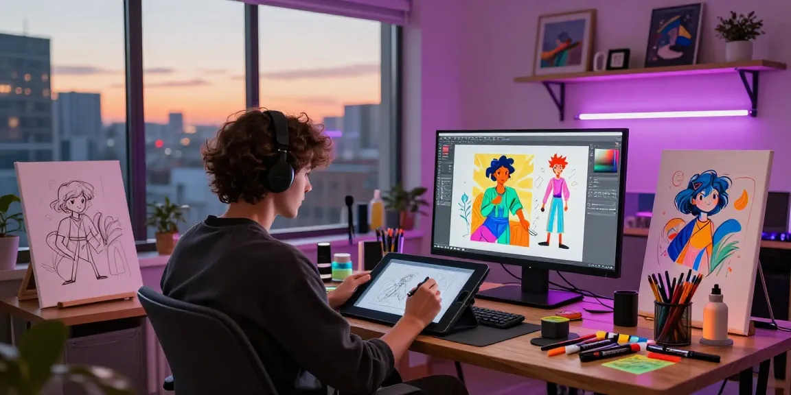 Creating 18+ ai art in a vibrant digital studio with colorful sketches and inspiring atmosphere.