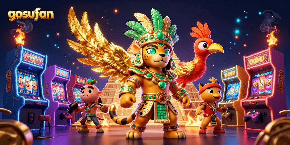 Experience the excitement of gambling at gosufan with a vivid 3D illustration of unique characters and casino elements.