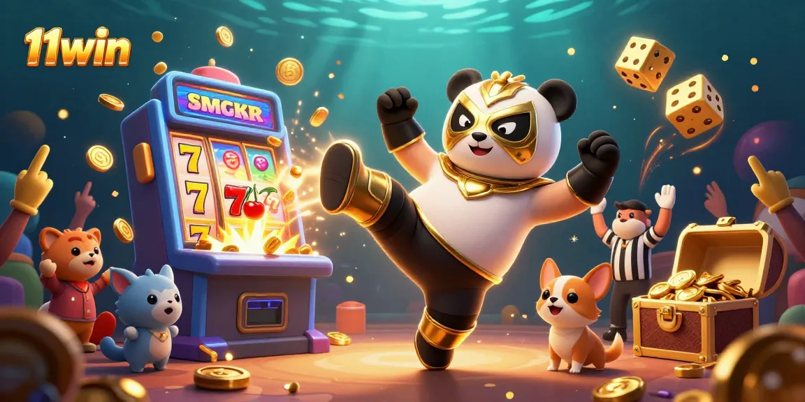 Celebrate jackpots and wins with the lively panda wrestler in 11win's colorful casino scene.