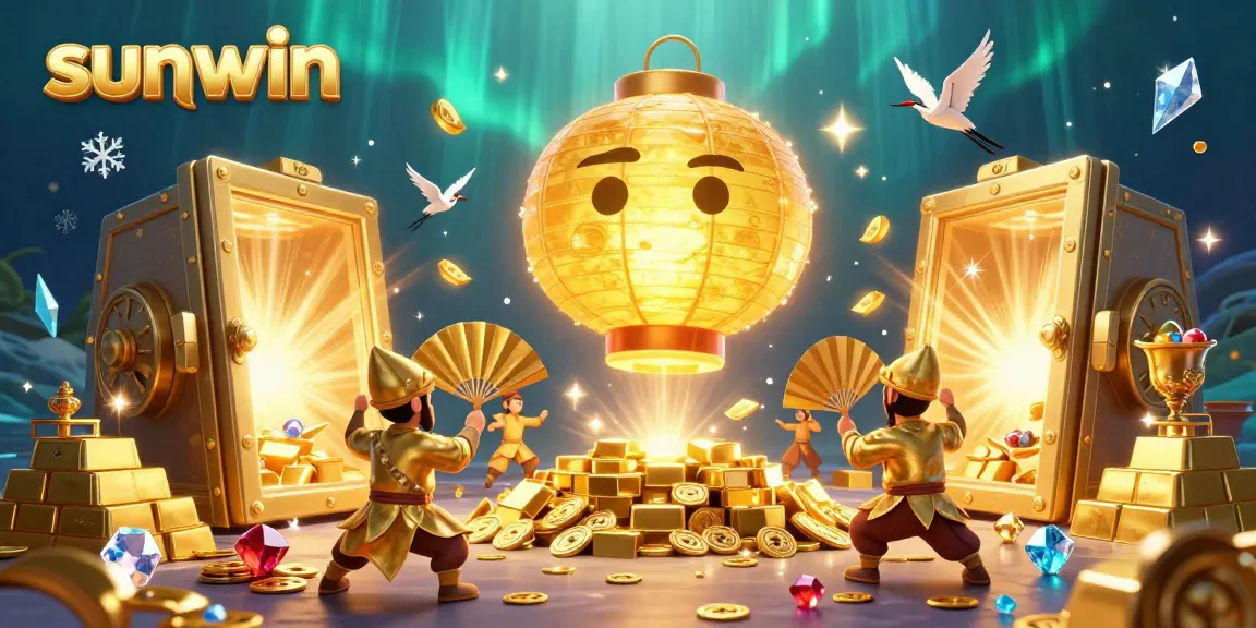 Experience the vibrant energy of sunwin casino with a glowing lantern spirit and treasure in this immersive 3D illustration.