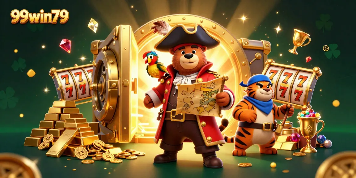 Engage with 99win79 in a vibrant illustration featuring a pirate bear and tiger near slot reels.