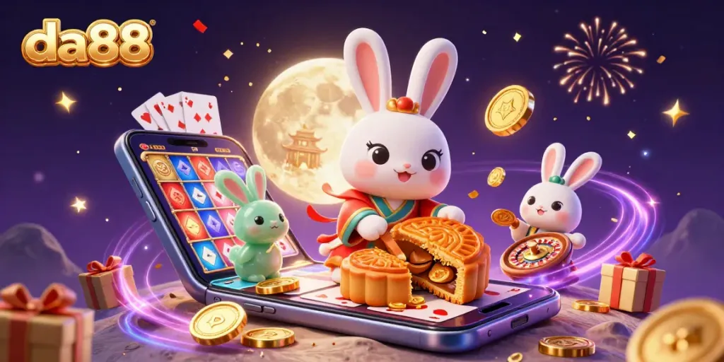 Experience exciting gaming at da88 with a lively moonlit casino scene featuring our mascot, golden coins, and vibrant game elements.