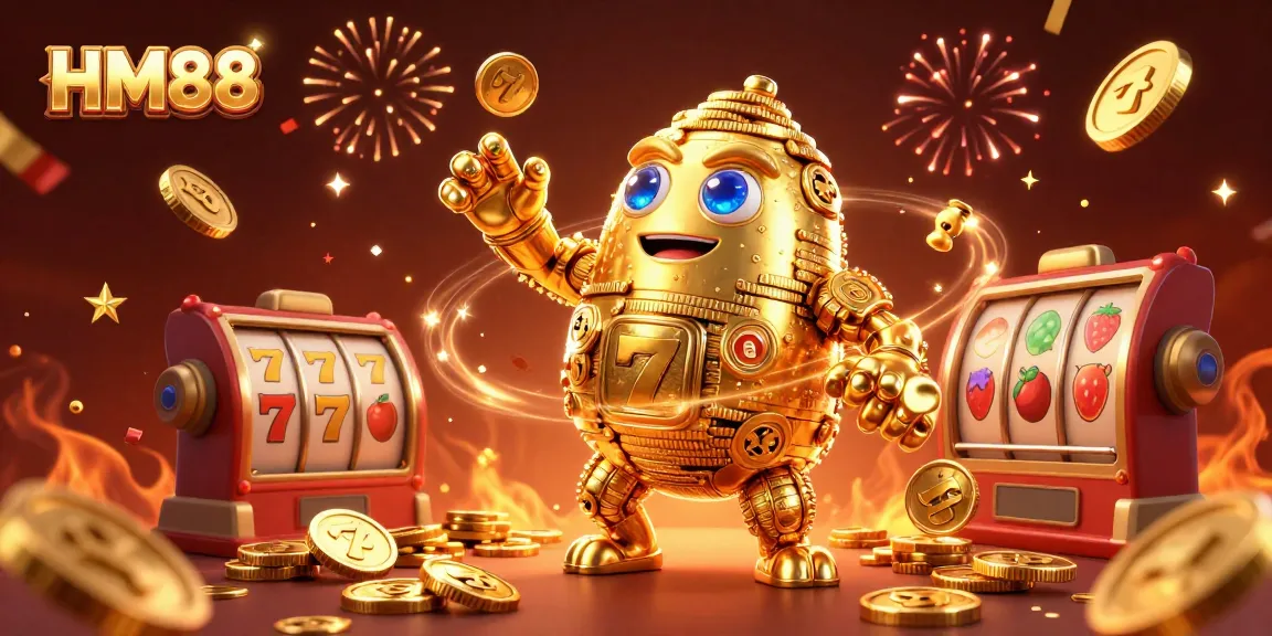 Experience thrilling slots at HM88 with an ancient golden golem, colorful symbols, and celebration effects.