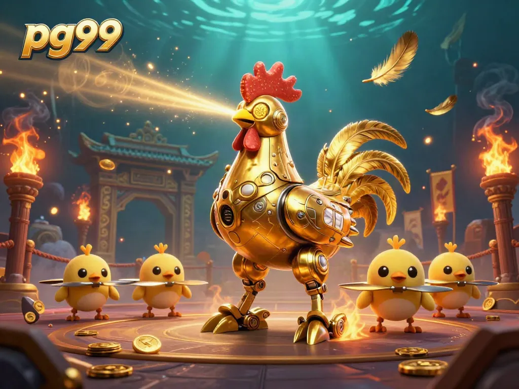 Experience thrilling gameplay with pg99's vibrant 3D casino scene featuring a golden rooster robot.
