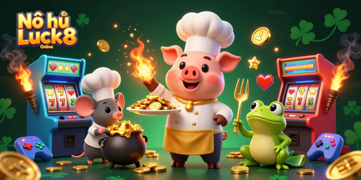 Nổ hũ Luck8 Online showcases dynamic slot reels and golden rewards with captivating 3D characters.