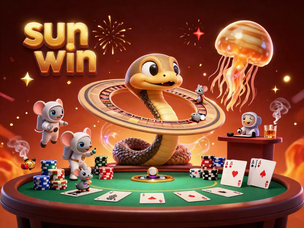 Experience excitement at sun win with a vibrant 3D gaming scene featuring betting astronauts and a cosmic dealer.
