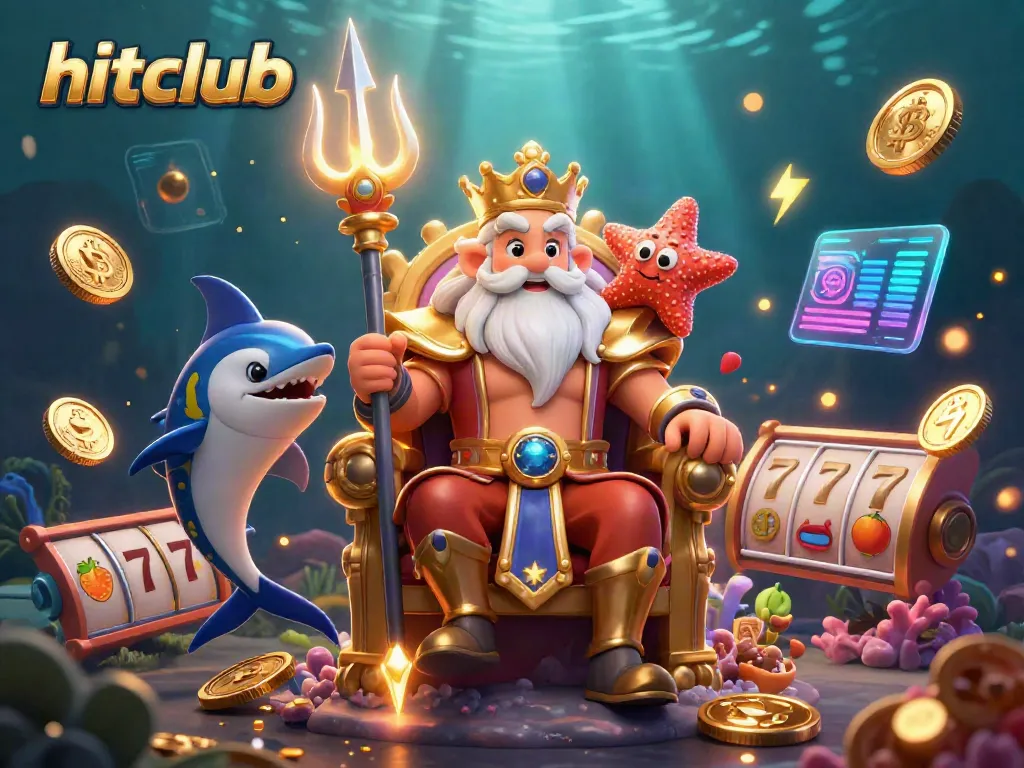 Experience exciting gaming action with hitclub's vibrant 3D illustration showcasing casino elements, including slot machines and crypto coins.