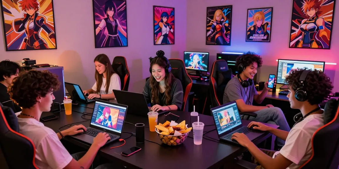 Group enjoying hentai games html in a vibrant gaming lounge setting.